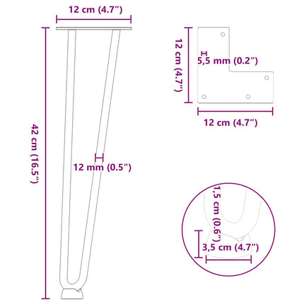 Hårnålsben för soffbord 4 st naturstål 42 cm massivt stål