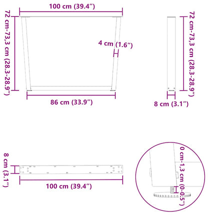 Matbordsben V-formade 3 st naturstål 100x(72-73,3) cm stål