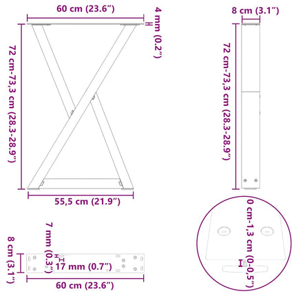 Matbordsben 2 st naturstål 60x(72-73,3) cm stål