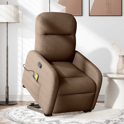 Massagefåtölj med uppresningshjälp brun tyg