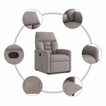 Reclinerfåtölj med uppresningshjälp taupe tyg
