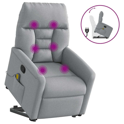 Massagefåtölj med uppresningshjälp ljusgrå tyg