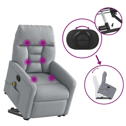 Massagefåtölj med uppresningshjälp ljusgrå tyg