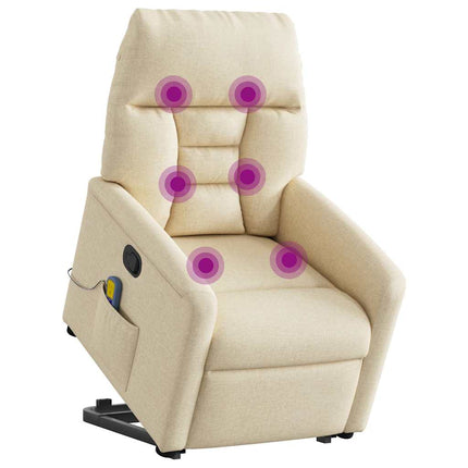Massagefåtölj med uppresningshjälp gräddvit tyg