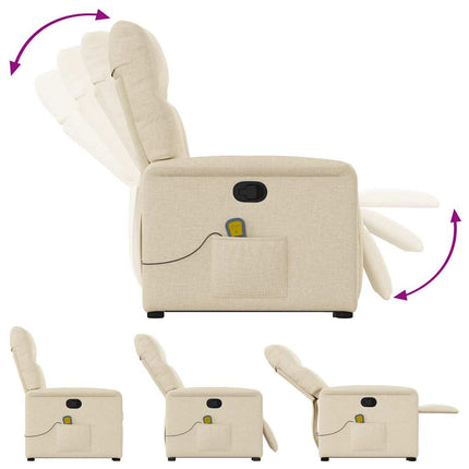Massagefåtölj med uppresningshjälp gräddvit tyg