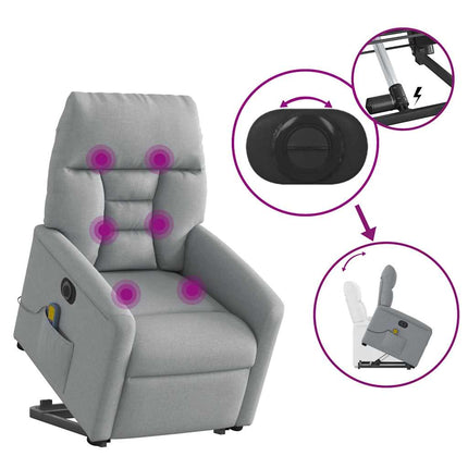 Elektrisk massagefåtölj med uppresningshjälp ljusgrå tyg