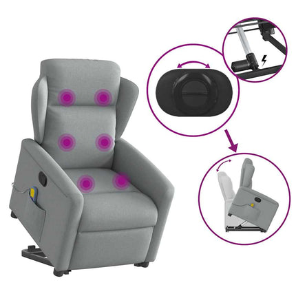 Massagefåtölj med uppresningshjälp ljusgrå tyg