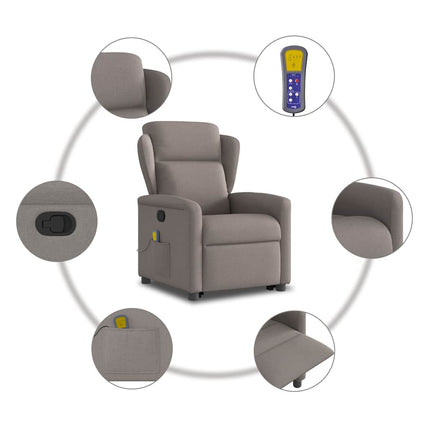 Massagefåtölj med uppresningshjälp taupe tyg
