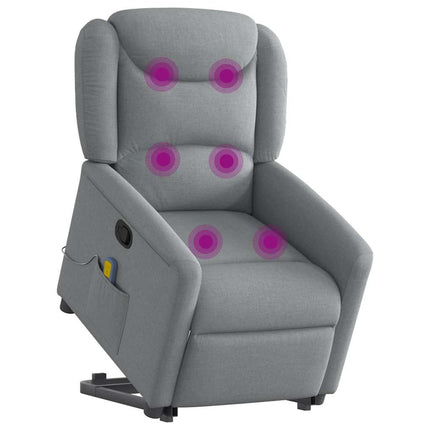 Massagefåtölj med uppresningshjälp ljusgrå tyg