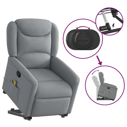 Massagefåtölj med uppresningshjälp ljusgrå tyg