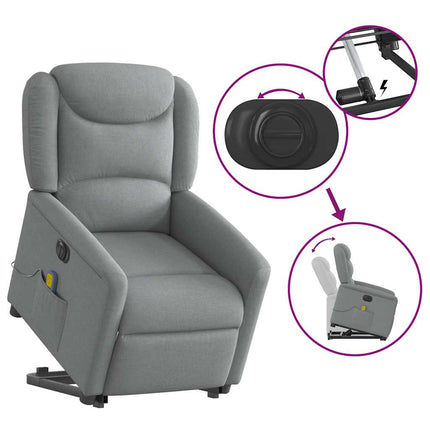 Elektrisk massagefåtölj med uppresningshjälp ljusgrå tyg