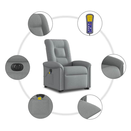Elektrisk massagefåtölj med uppresningshjälp ljusgrå tyg