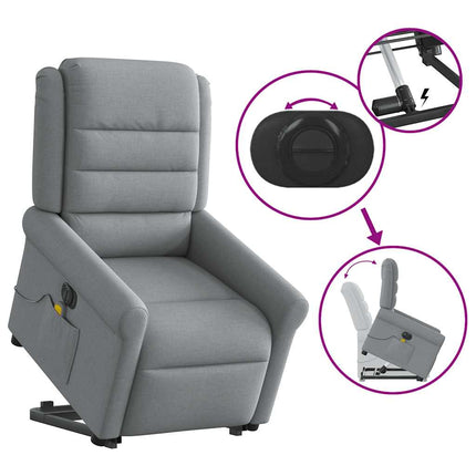 Elektrisk massagefåtölj med uppresningshjälp ljusgrå tyg