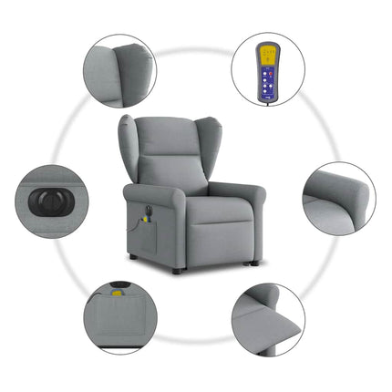 Elektrisk massagefåtölj med uppresningshjälp ljusgrå tyg