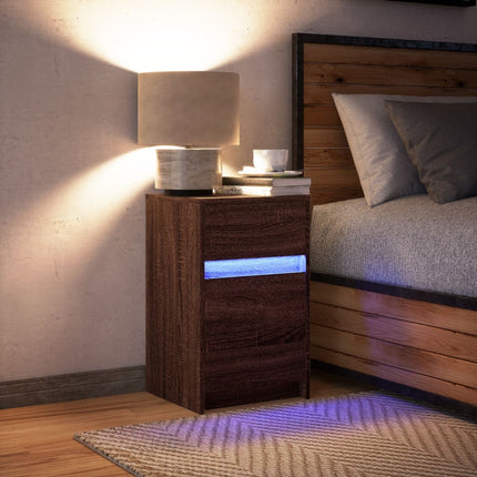 Sängbord med LED-lampor brun ek konstruerat trä