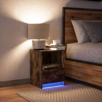 Sängbord med LED-lampor rökfärgad ek konstruerat trä