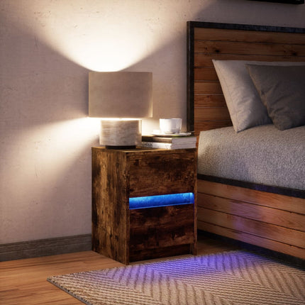 Sängbord med LED-lampor rökfärgad ek konstruerat trä