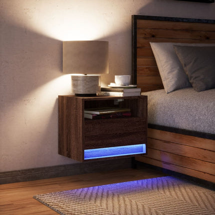 Väggmonterat sängbord med LED ljusbrun ek