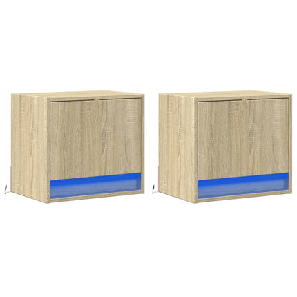 Väggmonterade sängbord med LED-lampor 2 st sonoma-ek