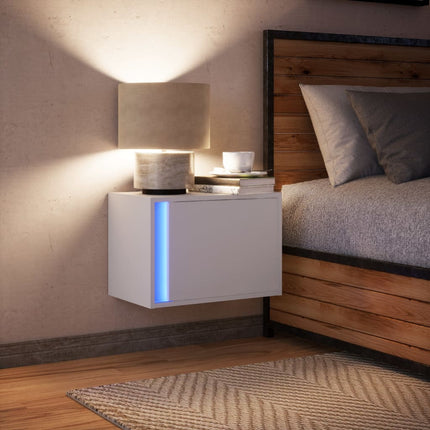 Väggmonterat sängbord med LED-lampor vit
