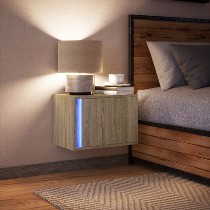 Väggmonterat sängbord med LED-lampor sonoma-ek