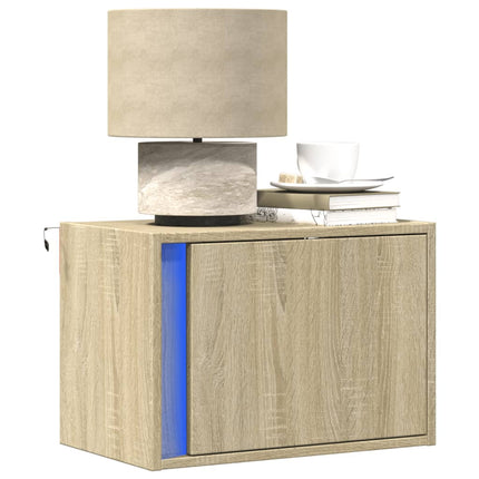 Väggmonterat sängbord med LED-lampor sonoma-ek