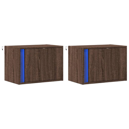 Väggmonterade sängbord med LED-lampor 2 st brun ek