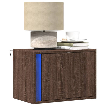 Väggmonterade sängbord med LED-lampor 2 st brun ek