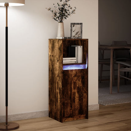 Skänk med LED rökfärgad ek 38x34x100 cm konstruerat trä