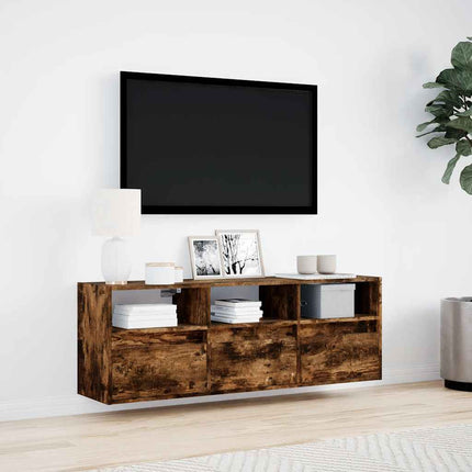 Väggmonterad tv-bänk LEDs rökfärgad ek 130x31x45 cm