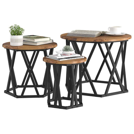 Nestande Sidobord 3 pcs Gammalt trä Konstruerat trä och stål