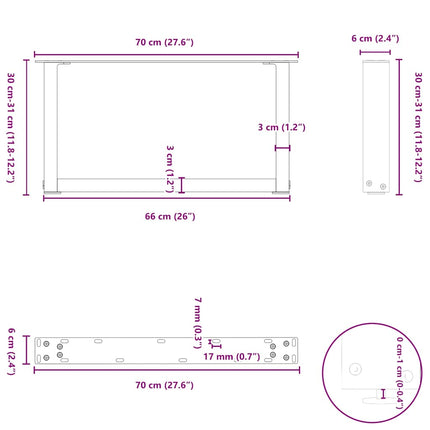 Soffbordsben U-formade 2 st vita 70x(30-31) cm stål