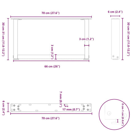 Soffbordsben U-formade 2 st naturstål 70x(30-31) cm stål