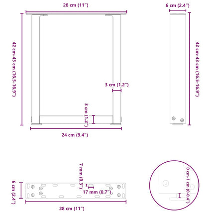 Soffbordsben U-formade 2 st svarta 28x(42-43) cm stål