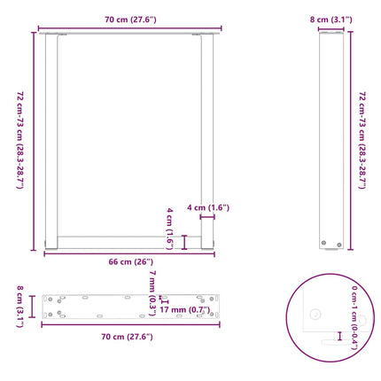 Matbordsben U-formade 2 st naturstål 70x(72-73) cm stål
