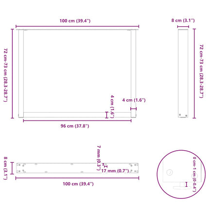 Matbordsben U-formade 2 st antracit 100x(72-73) cm stål