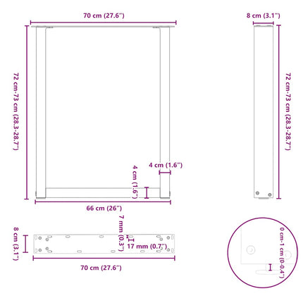 Matbordsben U-formade 3 st antracit 70x(72-73) cm stål
