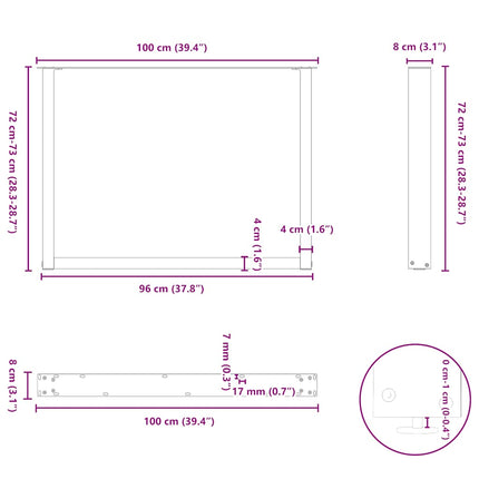 Matbordsben U-formade 3 st naturstål 100x(72-73) cm stål