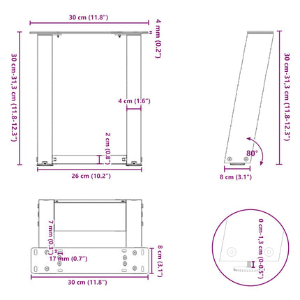 Soffbordsben U-formade 2 st svarta 30x(30-31) cm stål