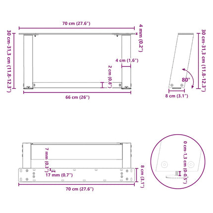 Soffbordsben U-formade 2 st vita 70x(30-31) cm stål