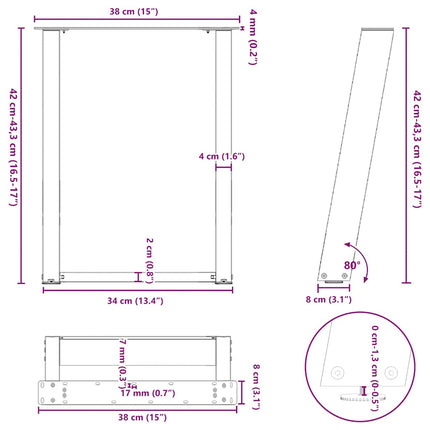 Soffbordsben U-formade 2 st svarta 38x(42-43) cm stål