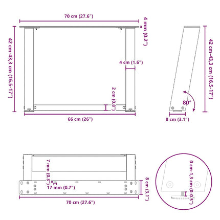 Soffbordsben U-formade 2 st naturstål 70x(42-43) cm stål