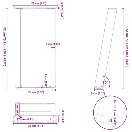 Konsolbordsben U-formade 2 st antracit 28x(72-73) cm stål