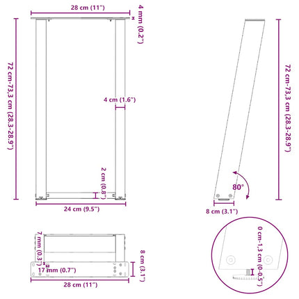 Konsolbordsben U-formade 2 st naturstål 28x(72-73) cm stål