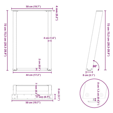 Matbordsben U-formade 2 st vita 50x(72-73) cm stål