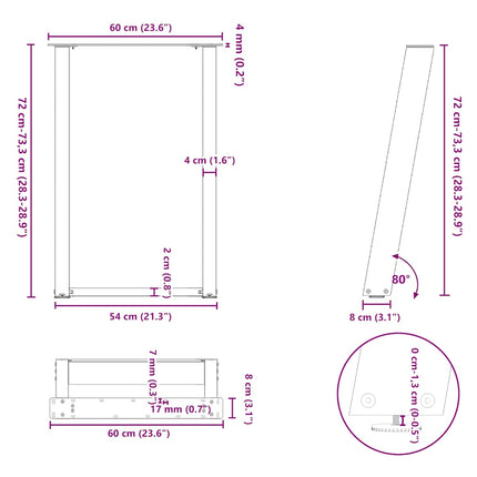 Matbordsben U-formade 2 st naturstål 60x(72-73) cm stål