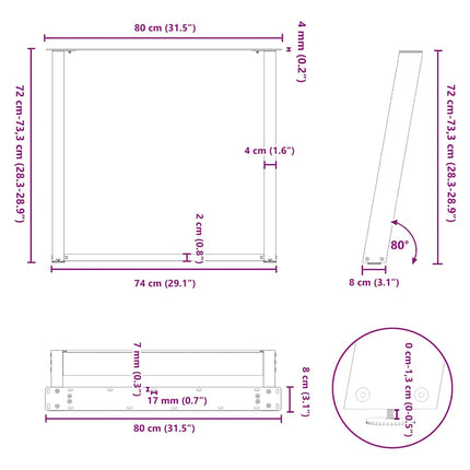 Matbordsben U-formade 2 st antracit 80x(72-73) cm stål