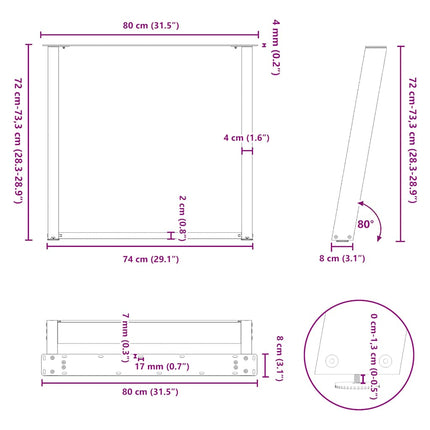 Matbordsben U-formade 2 st naturstål 80x(72-73) cm stål