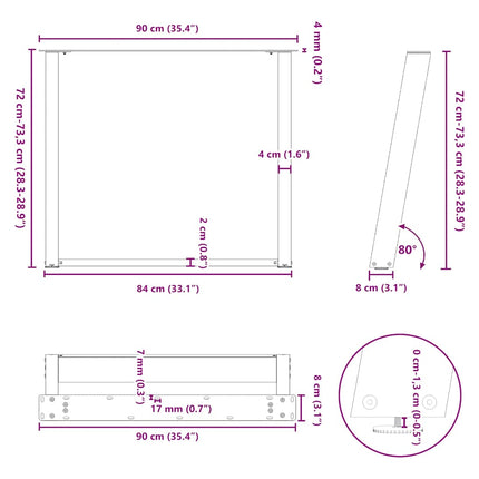 Matbordsben U-formade 2 st antracit 90x(72-73) cm stål