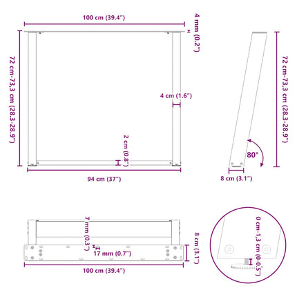 Matbordsben U-formade 2 st antracit 100x(72-73) cm stål